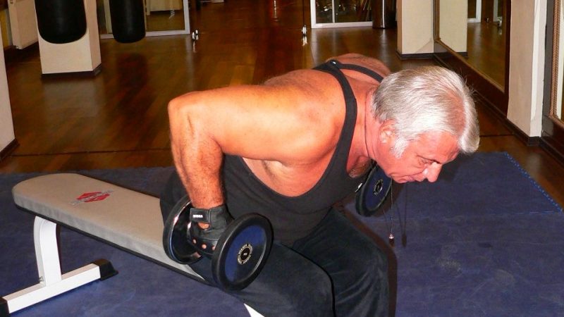 Seated Bent Over Two Arm Dumbbell Triceps Kick Back